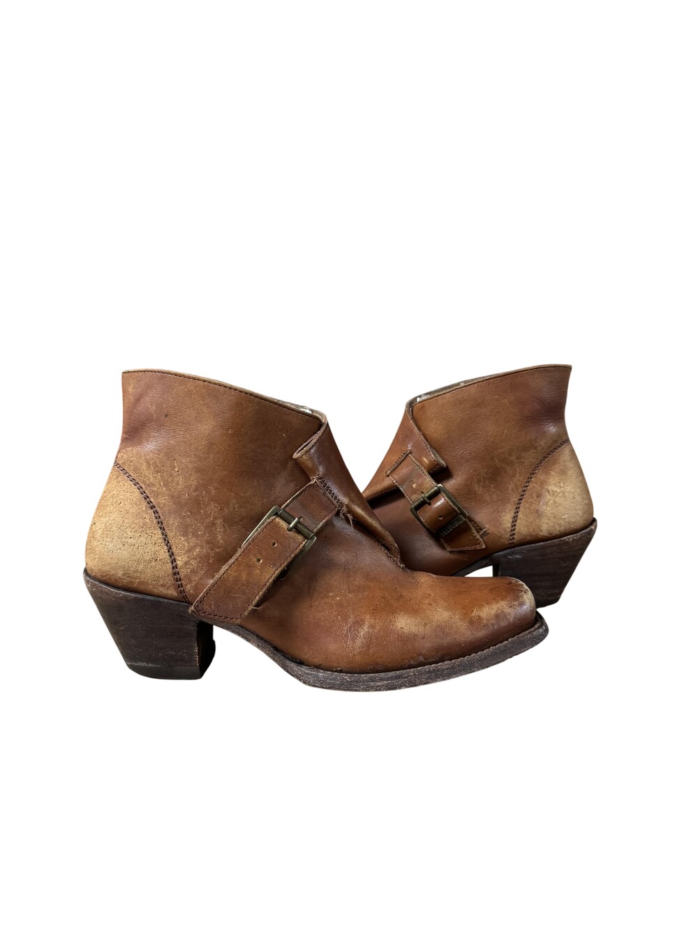 Fluevog Ankle Boots Womens Size 9.5 Brown Leather Buckle Western Booties